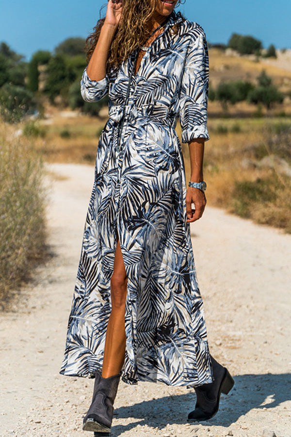 Lapel-collar -print Single-breasted Maxi Dress