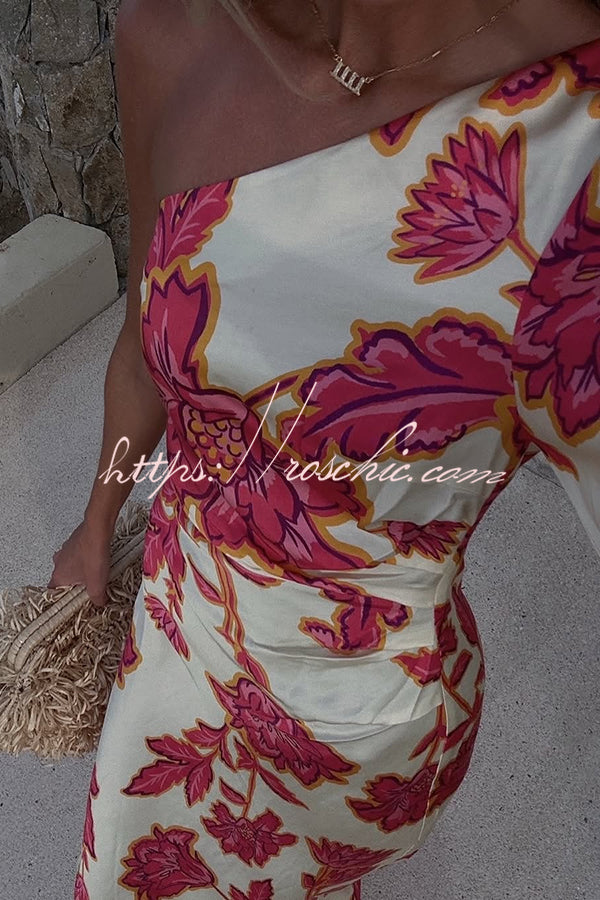 Rhia Satin Print One Shoulder Flared Maxi Dress