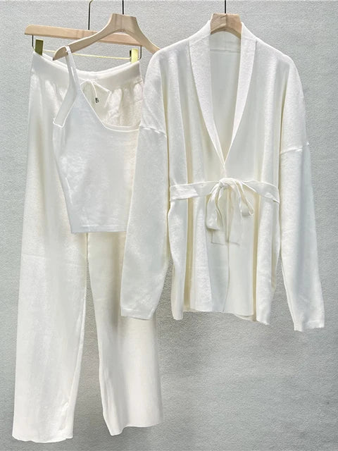 Autumn Knit 3 Piece-set for Outfits Lace-up Vest Outwear Wide Leg Trousers Outfits Pleated Sets