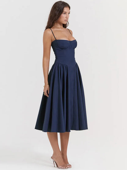 Spaghetti Strap Sleeveless A-line Midi Dress for Summer New Backless Pleated Slipdress Loose Dress