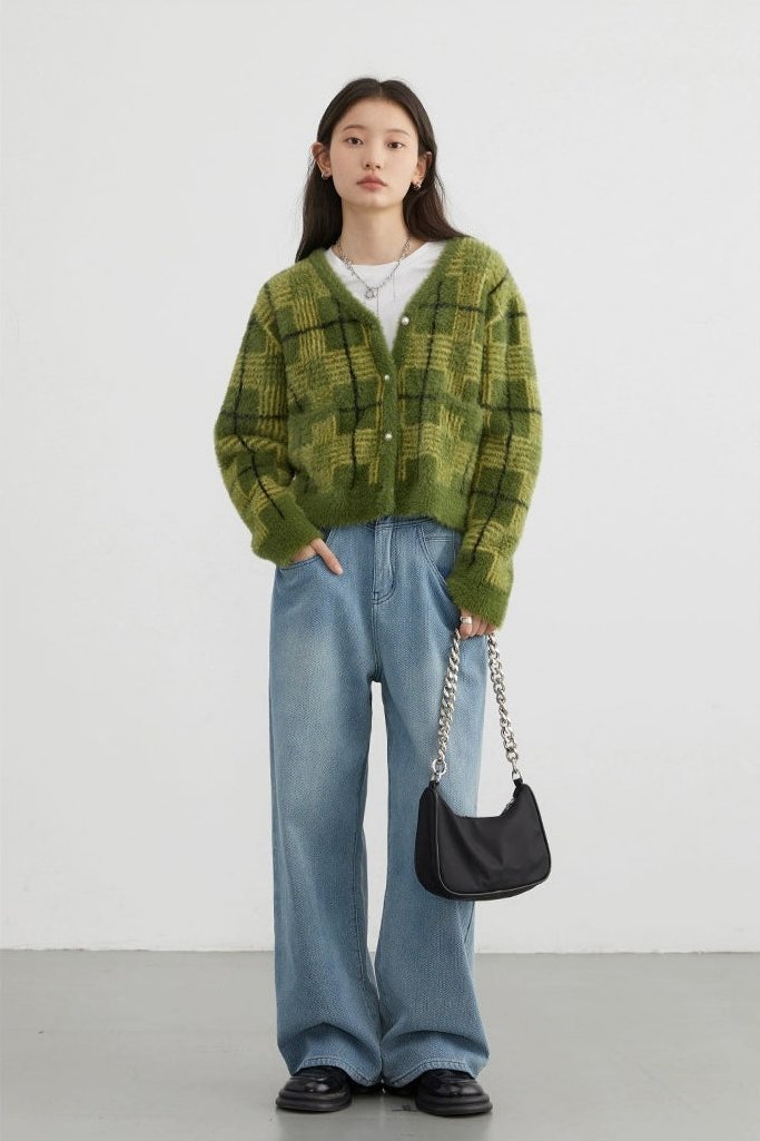 Plaid Fuzzy Cropped Cardigan