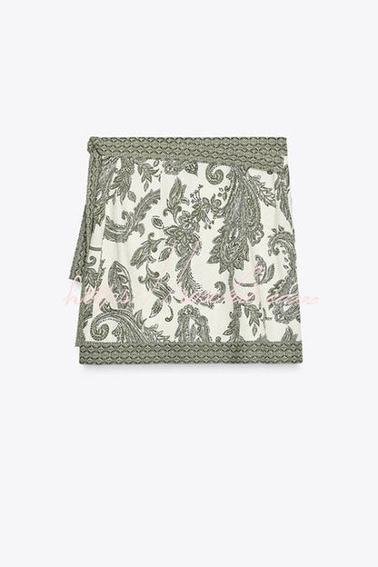 Blend Into Leaves Linen Blend Unique Print Long Sleeve Blouse and Wrap Tie-up Mini Skirt Set