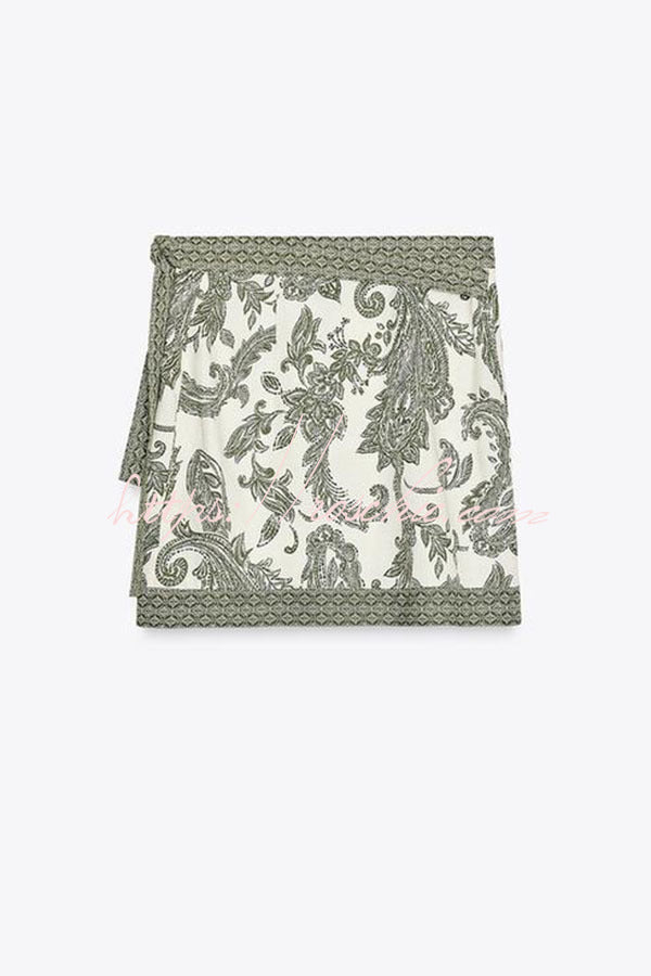 Blend Into Leaves Linen Blend Unique Print Long Sleeve Blouse and Wrap Tie-up Mini Skirt Set