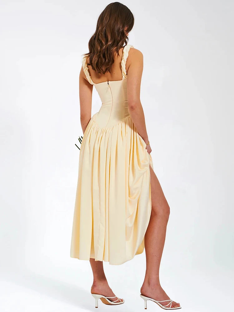 Satin Backless Midi Dress for Sundress Square Collar Sleeveless Loose Pleated Dress
