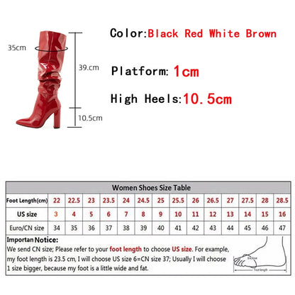 Liyke Cozy White Pleated Patent Leather Knee High Boots – Autumn Winter Shoes