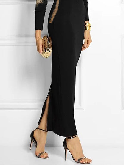 Bodycon Long Sleeves Printed Boat Neck Maxi Dresses