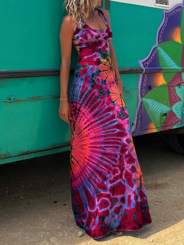 Tie-dye Print Back Lace-up Stretch Maxi Dress