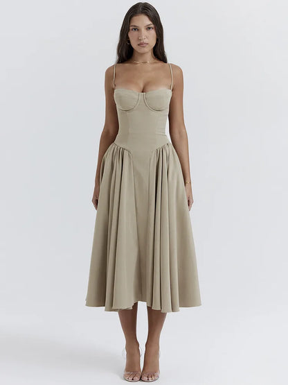 Spaghetti Strap Sleeveless A-line Midi Dress for Summer New Backless Pleated Slipdress Loose Dress