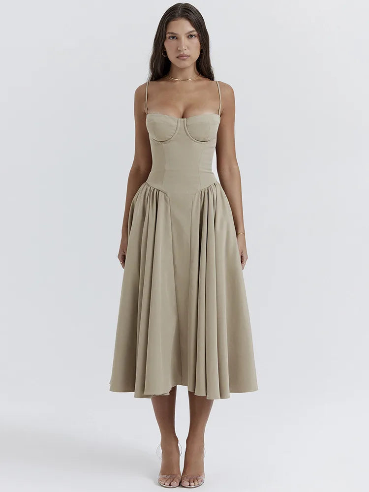 Spaghetti Strap Sleeveless A-line Midi Dress for Summer New Backless Pleated Slipdress Loose Dress