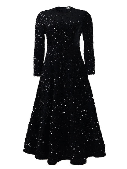 A-line High Waisted Sequined Split-joint Zipper Round-neck Maxi Dresses
