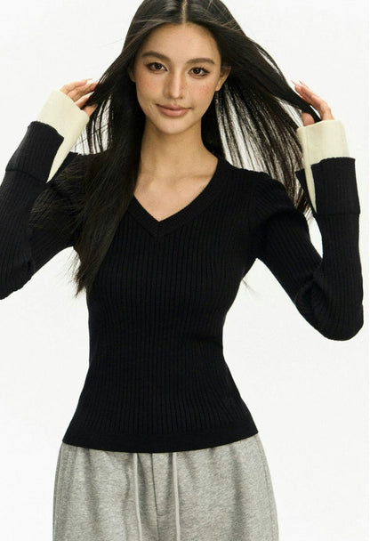 Ribbed V-neck Contrast Sweater