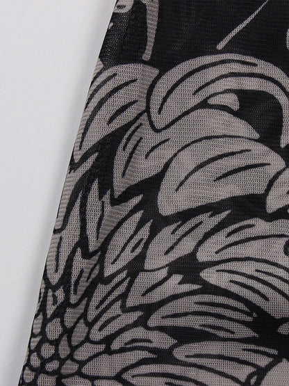 Long Sleeves Skinny Printed See-through Split-joint High Neck Evening Dresses Maxi Dresses