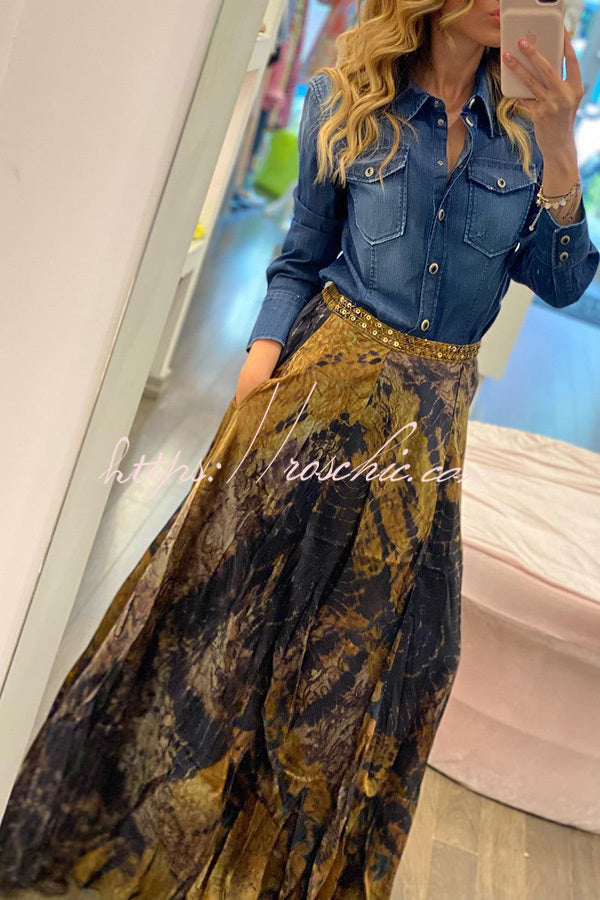 Like Wow Sequin Waistband Tie-dye Elastic Waist Pocketed Swing Maxi Skirt
