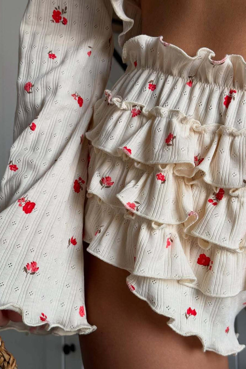 Knitted Short Long Sleeve Shorts Loungewear Two Piece Set