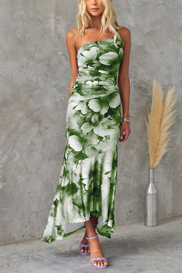 Deja Mesh Overlay Print One Shoulder Ruched Stretch Maxi Dress