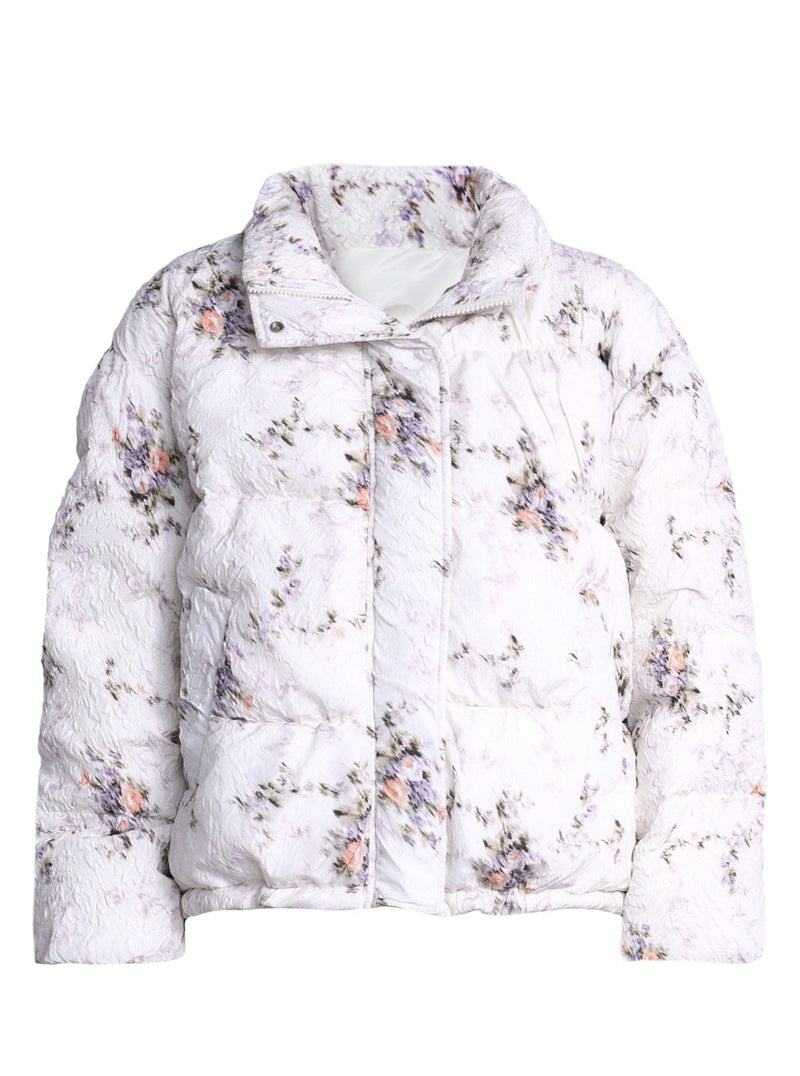 Ethereal Bloom Winter Set: Puffer Jacket and Pleated Lace Skirt