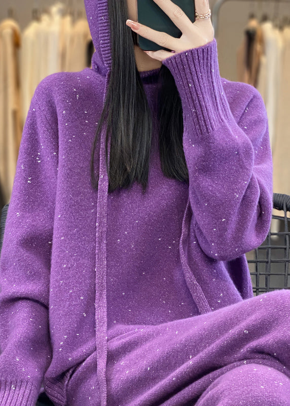 Stylish Purple Drawstring Hooded Cotton Knit Sweaters and Wide Leg Pants Two Piece Set Winter Wv015