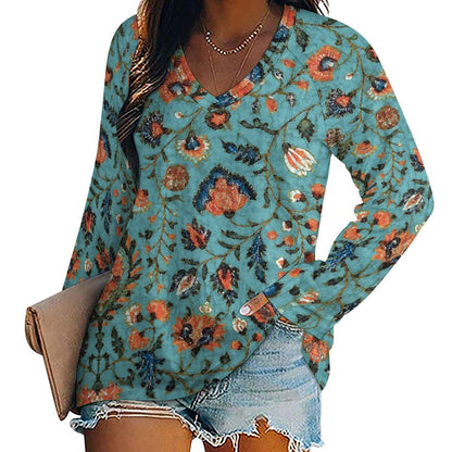 Print V-neck Long Sleeve T-shirt