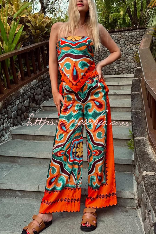 Style Unique Print Tube Top and Elastic Waist Pocket Wide Leg Pants Set