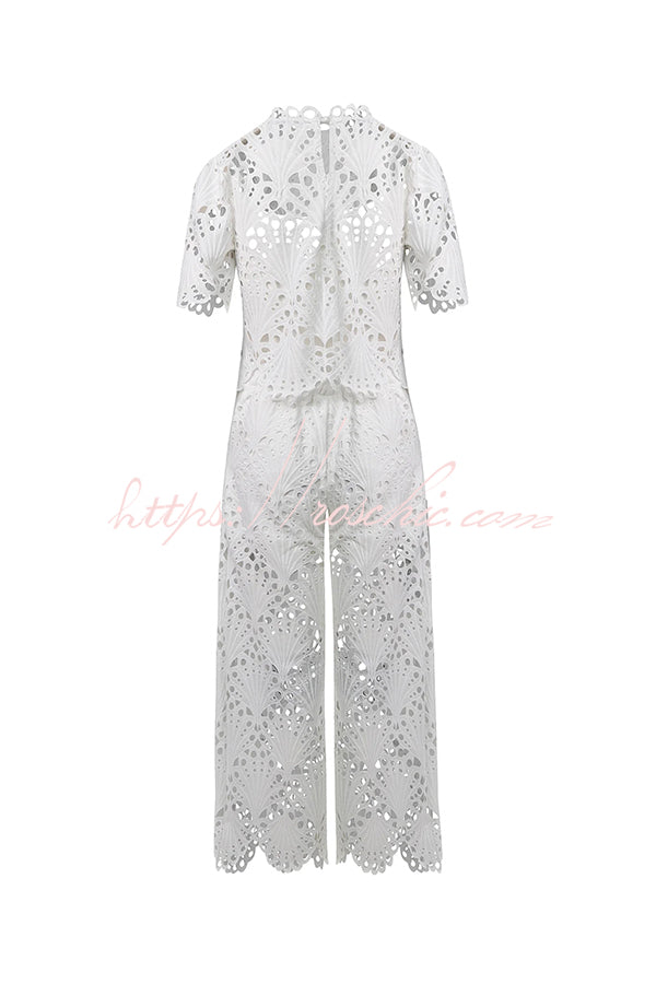 Eliose Scallop Cutout Embroidery Lace Elastic Waist Pocket Loose Pants