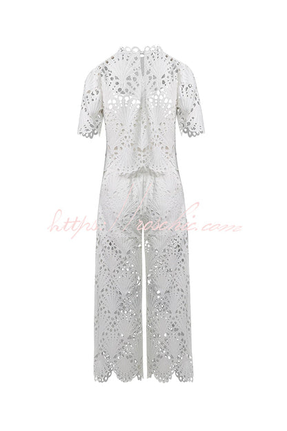 Eliose Scallop Cutout Embroidery Lace Elastic Waist Pocket Loose Pants