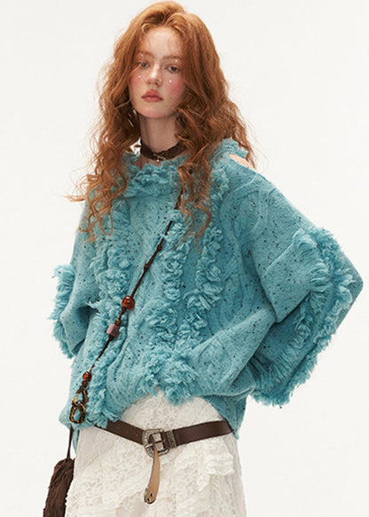 Blue Cold Shoulder Tassel Thick Cotton Knit Sweaters Winter Qx003