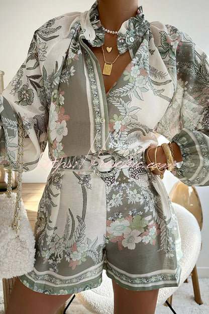 Botanical Print Palace Style Stand-up Collar Lantern Sleeve Loose Top and Shorts Set