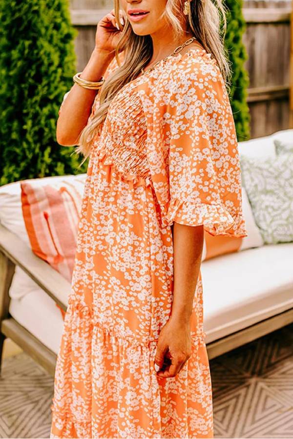 Orange Print Smocked V Neck Bell Sleeve Maxi Dress