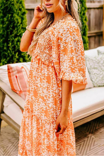 Orange Print Smocked V Neck Bell Sleeve Maxi Dress
