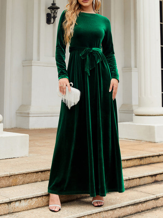 Long Sleeves Wrap Belted Pleated Color Zipper Round-neck Maxi Dresses