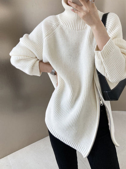 Urban Grey Halter-neck Split-side Zip-up Long Sleeve Sweater An1033