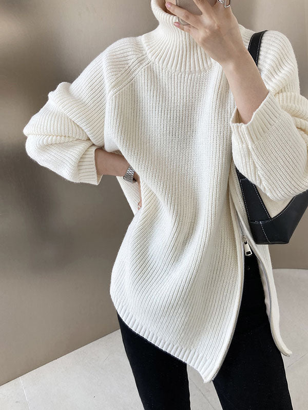 Urban Grey Halter-neck Split-side Zip-up Long Sleeve Sweater An1033