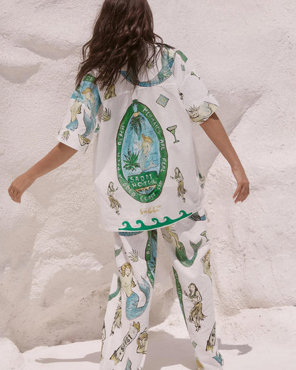 Mermaid Print Short-sleeved Shirt and Wide-leg Pants Two-piece Set