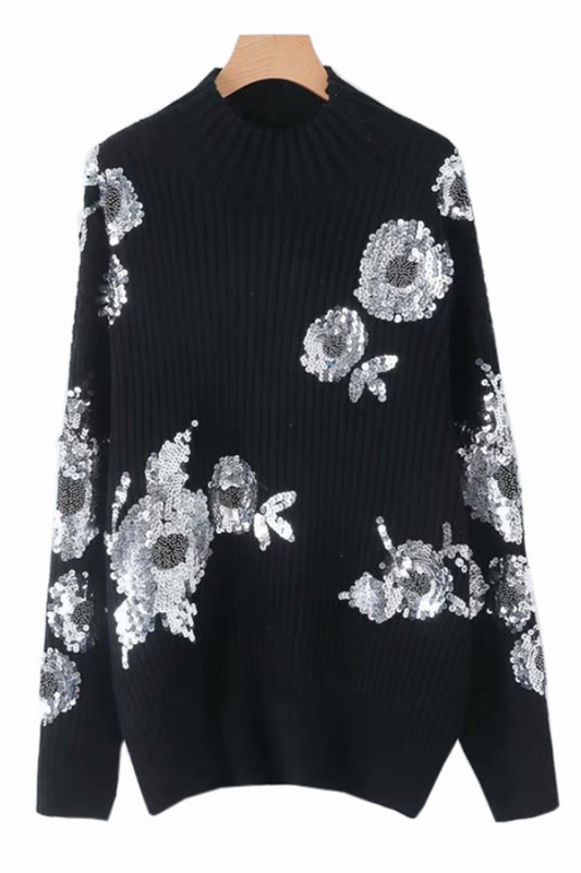 Turtleneck Loose-fitting Sequined Pattern Long Sleeve Knitted Sweater
