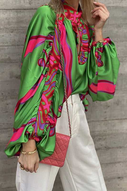 Zariah Satin Printed Cutout Neck Ballnoon Sleeve Blouse