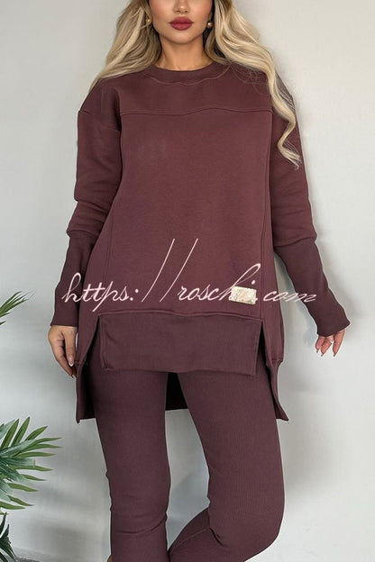 Color Crew Neck Long Sleeve Top and Stretch Pants Set