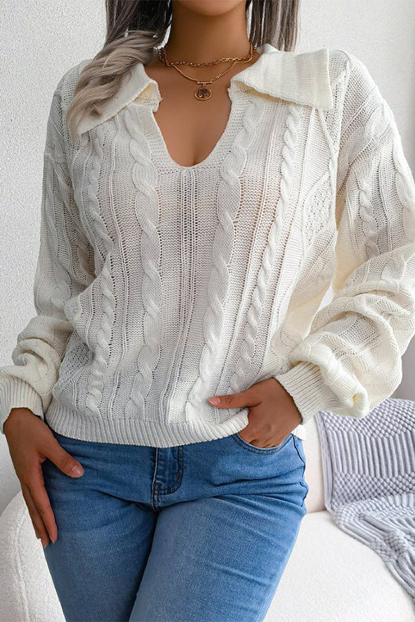 Lapel Twist Long Sleeve Knit Sweater