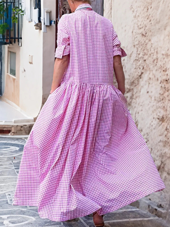 Plaid Long Sleeves Loose Swing Shirt Maxi Dress