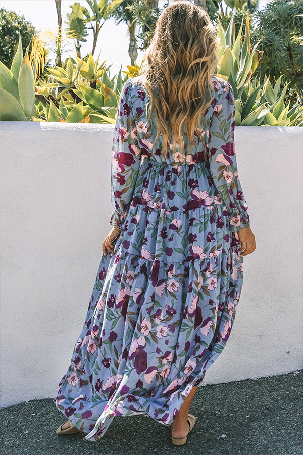 Light Blue Print Ruffle Trim Maxi Dress