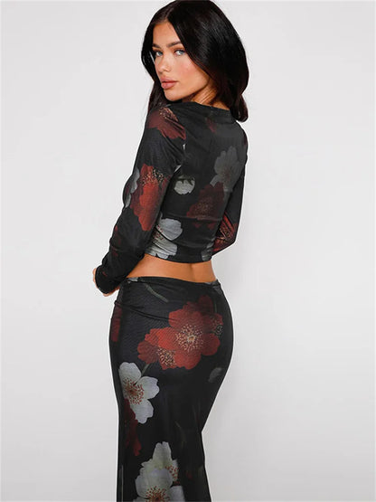 Printed 2 Piece-set Female Patchwork Long Sleeve Crop Top and Maxi Dress Sets Long Skirt Outfits