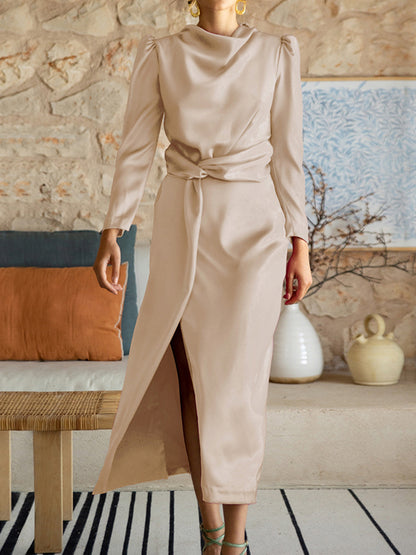 A-line High Waisted Pleated Color Split-front Mock Neck Maxi Dresses