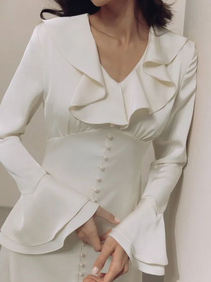 Ruffle V Neck Dress for Slim Long Sleeve High Waist Temperament Dresses Femme Party Slit Long Dress Woman