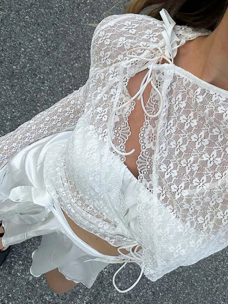 Lace Hollow Out Printed T-shirt Cardigan for See-through Inner Crop Top Patchwork Lace-up Y2k Top