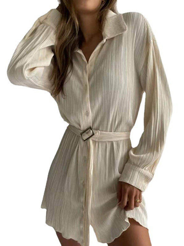 Long Sleeves Buttoned Pleated Color Tied Waist Lapel Mini Dresses Shirt Dress