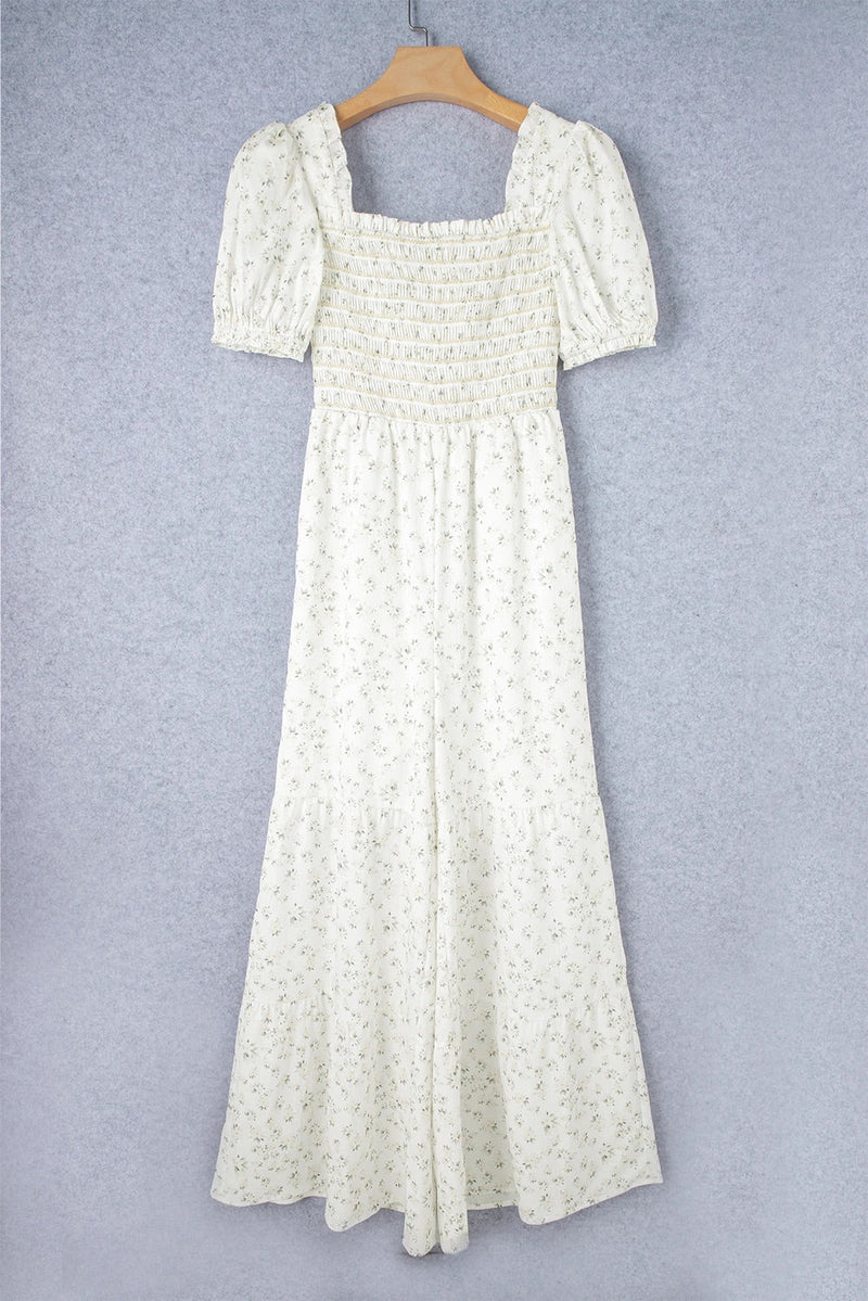 White Ditsy Smocked Puff Sleeve High Waist Jumpsuit