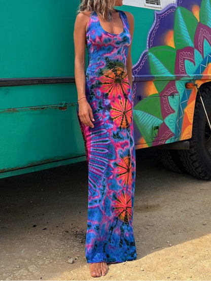 Tie-dye Print Back Lace-up Stretch Maxi Dress