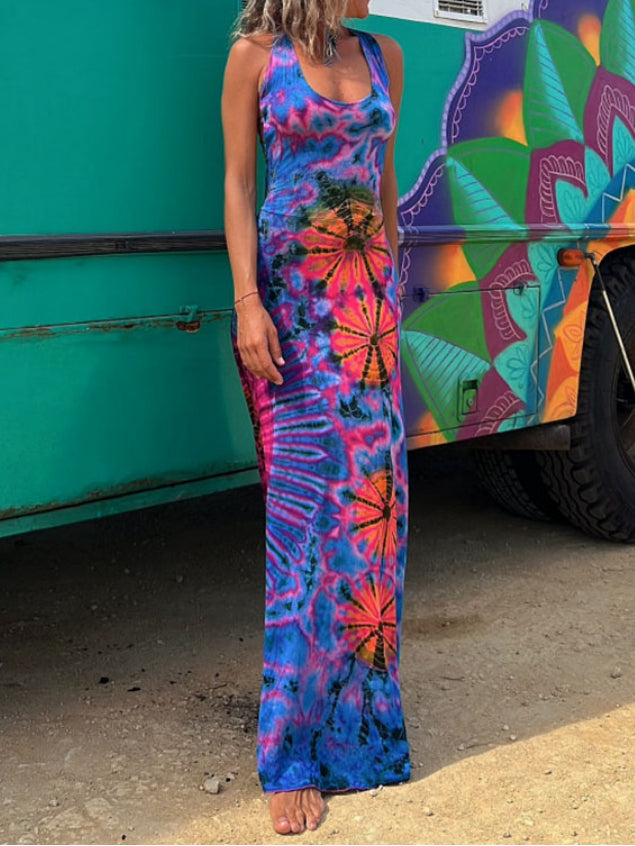Tie-dye Print Back Lace-up Stretch Maxi Dress