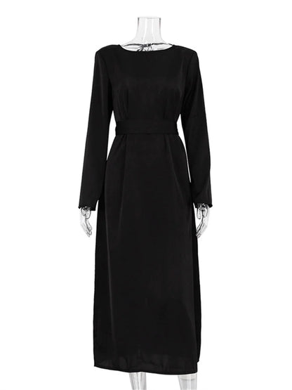 Backless Lace-up Slim Maxi Dress Female Black Autumn Bandage Long Sleeve Patchwork Long Dress