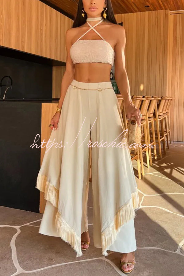 Lace-up Bandeau Top and Irregular Tassel Pants Set