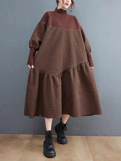 Long Sleeves Loose Split-joint Jacquard High-neck Sweater Dresses